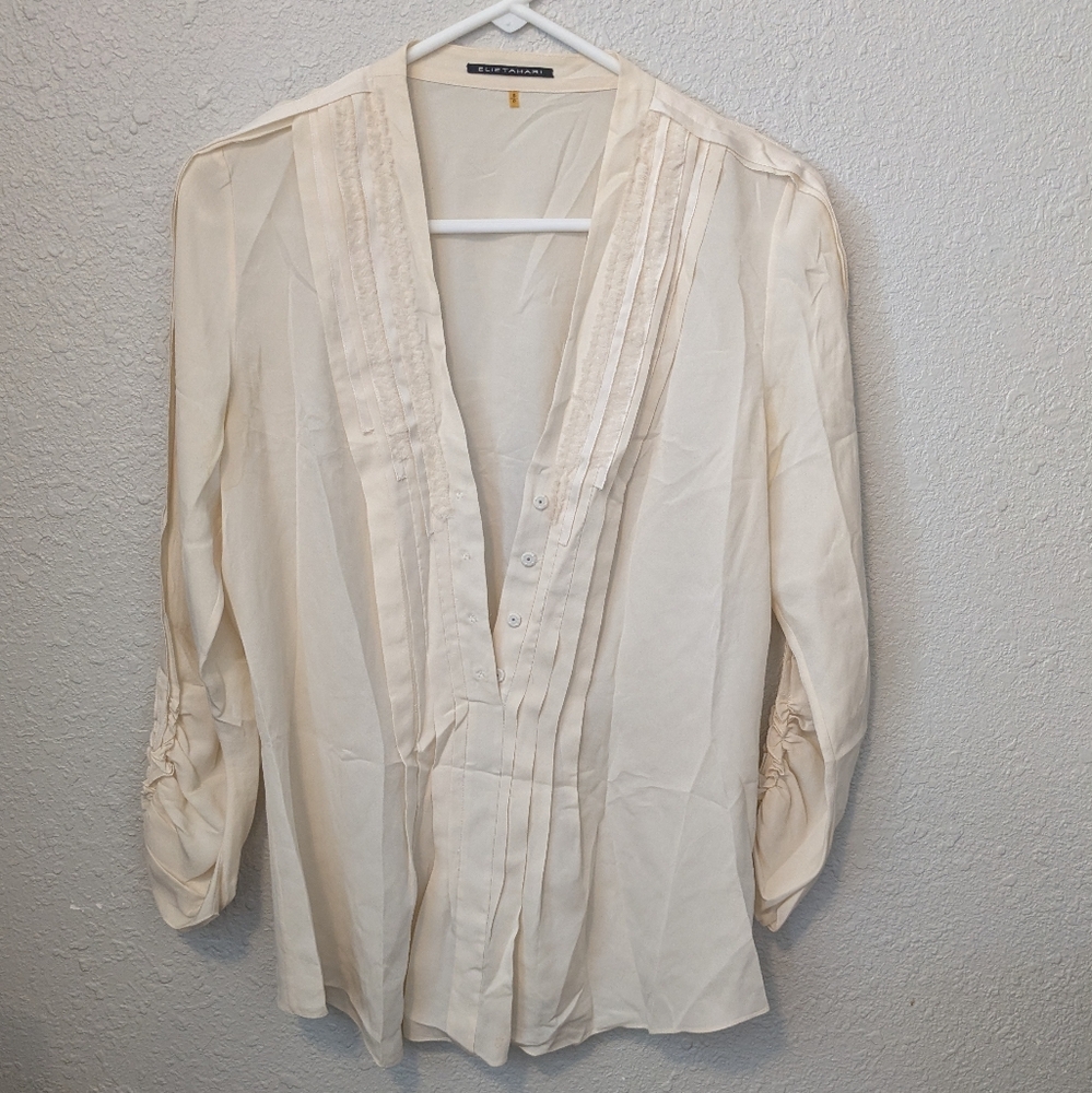 Elie Tahari Cream Pleated Women's Blouse Size S/P 1/2 Snap Up